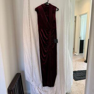 LULUS Maxi Dress Women's Burgundy Medium Ruched Velvet Mock Neck Side Slit